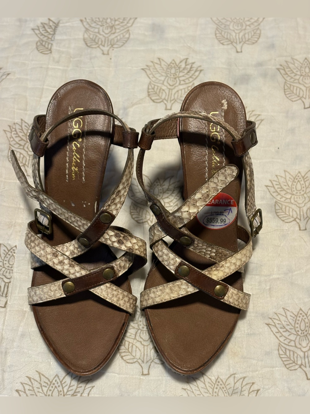 UGG Brown and Cream Snake-Print Leather Heeled Sandals